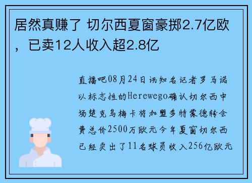 居然真赚了 切尔西夏窗豪掷2.7亿欧，已卖12人收入超2.8亿